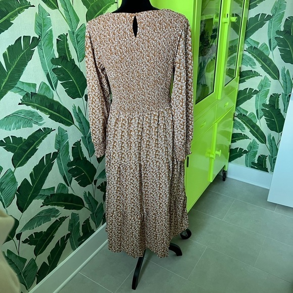 Mustard And White Floral Long Sleeve Smocked Top MIDI Dress L - Picture 4 of 5